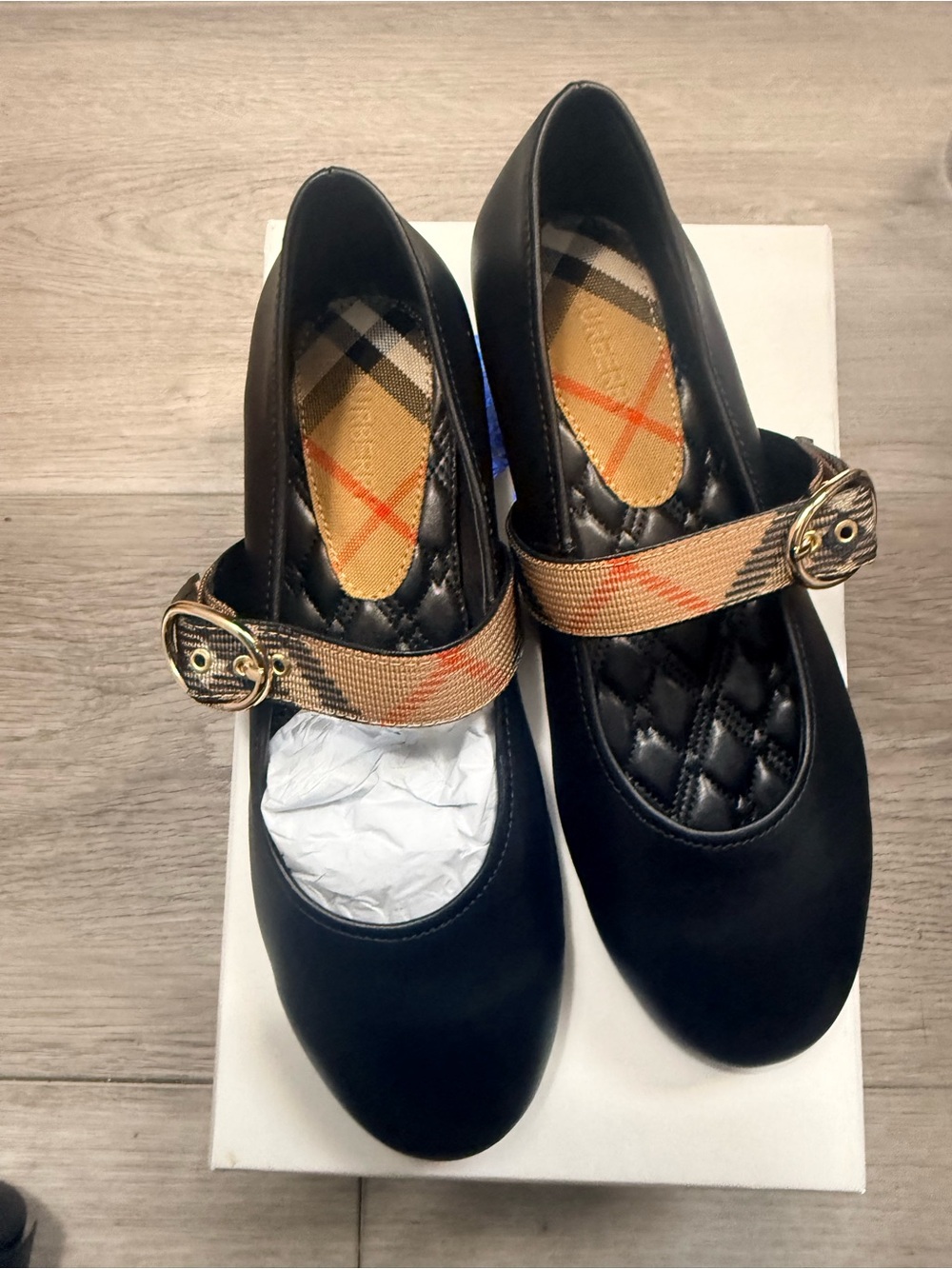 Burberry Black Leather Mary Jane Flats with Beige Check Strap